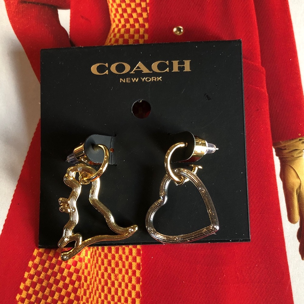 Authentic New Coach Gold-Tone Heart & Dino Silhouette Drop Earrings/crystals. - Picture 2 of 10
